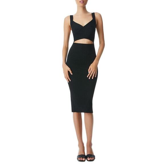 ALICE AND OLIVIA Twist Front Cutout Stretch Cotton Knit Midi Dress In Black XL - Picture 1 of 13